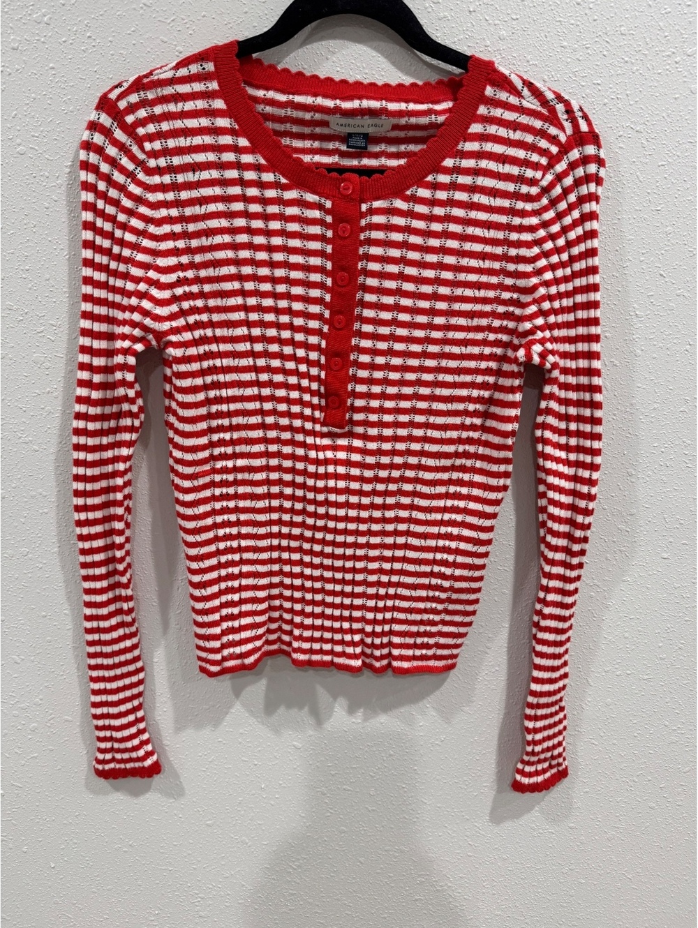 American Eagle Women’s Large Red White Pointelle Henley Long Sleeve Fitted Top